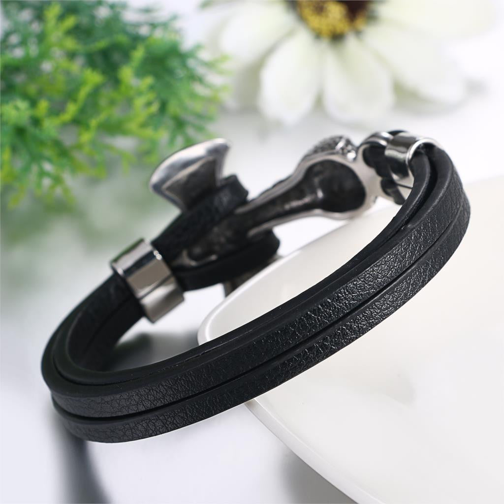 Mens Leather No Fade Stainless Steel Wolf Head Thors Hammer Bracelets