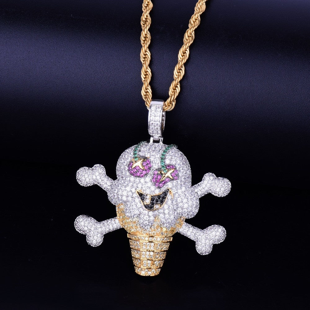 Micro Pave AAA Micro Pave 18k Gold Silver Pirate Skeleton Skull Ice Cream Pendant Chain Necklace
