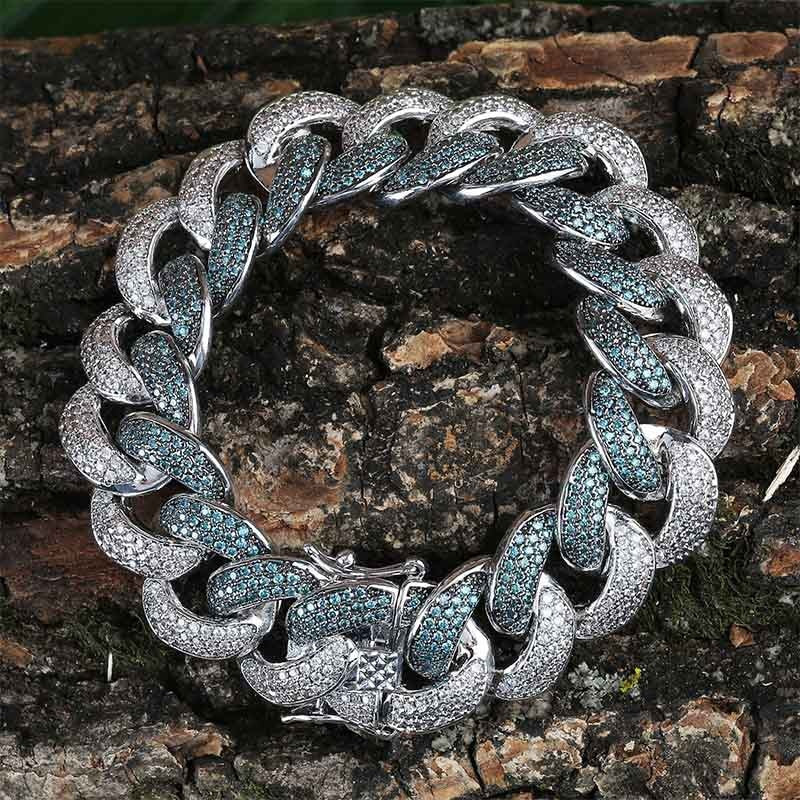 Custom 18MM Flooded Ice Mint Blue AAA Micro Pave Stone Miami Cuban Link Hip Hop Chain Bracelet Set