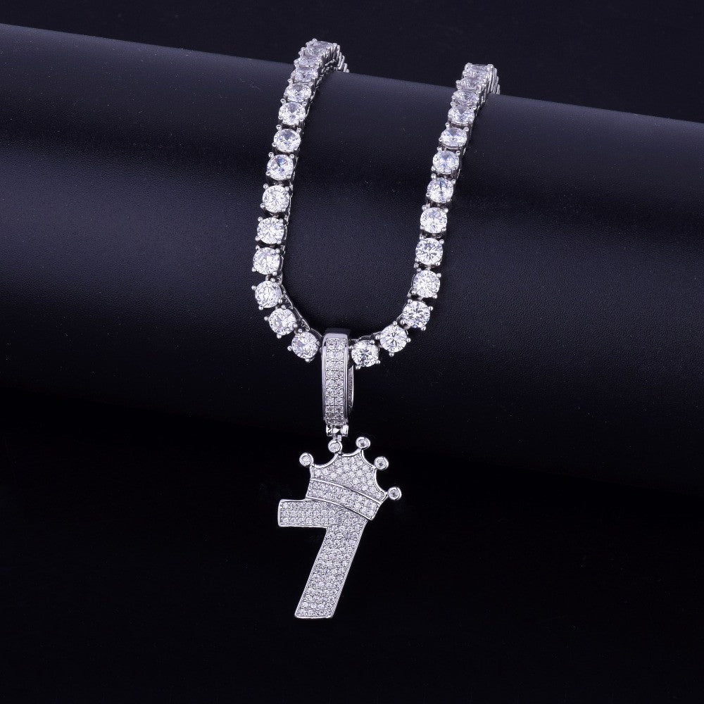 925 Silver Lucky Number 7 Crown Hip Hop Pendant