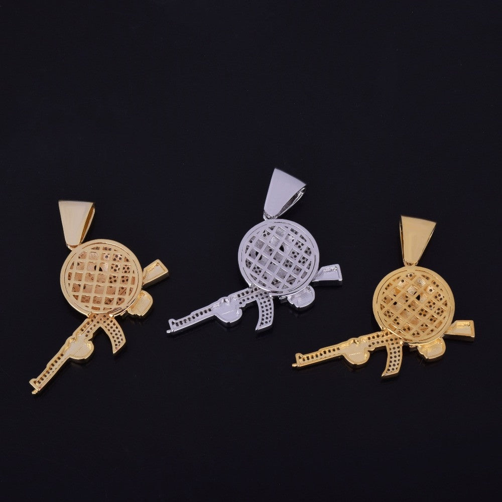 Flooded 1ce 18k Gold .925 Silver Ak47 Emoji Face AAA True Micro Pave Gun Pendant Chain Necklace