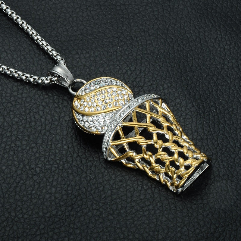 Hip Hop 18k Gold Full Simulated Diamond 316L Stainless Steel Basketball Chain Pendant
