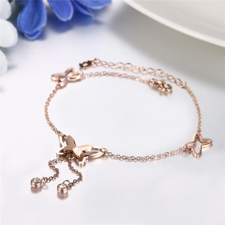 Ladies No Fade Stainless Steel Butterfly Rose Circle Stone Anklet Ankle Bracelet