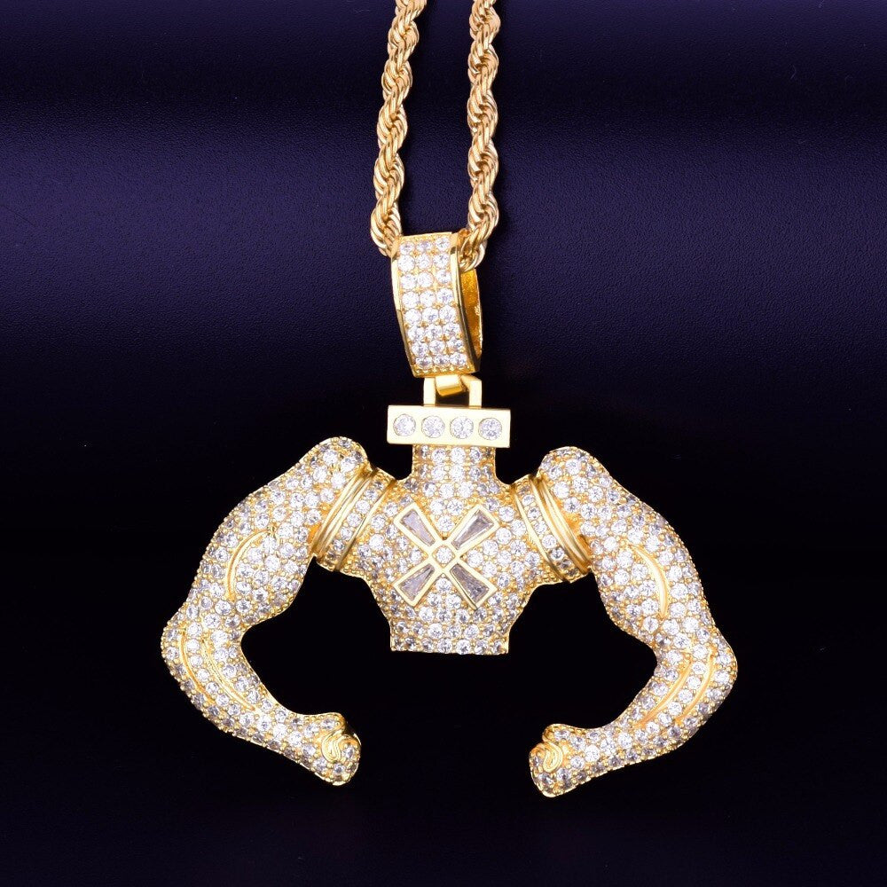 18k Gold .925 Silver Strong Armed Flexing Hip Hop Pendant Chain Necklace