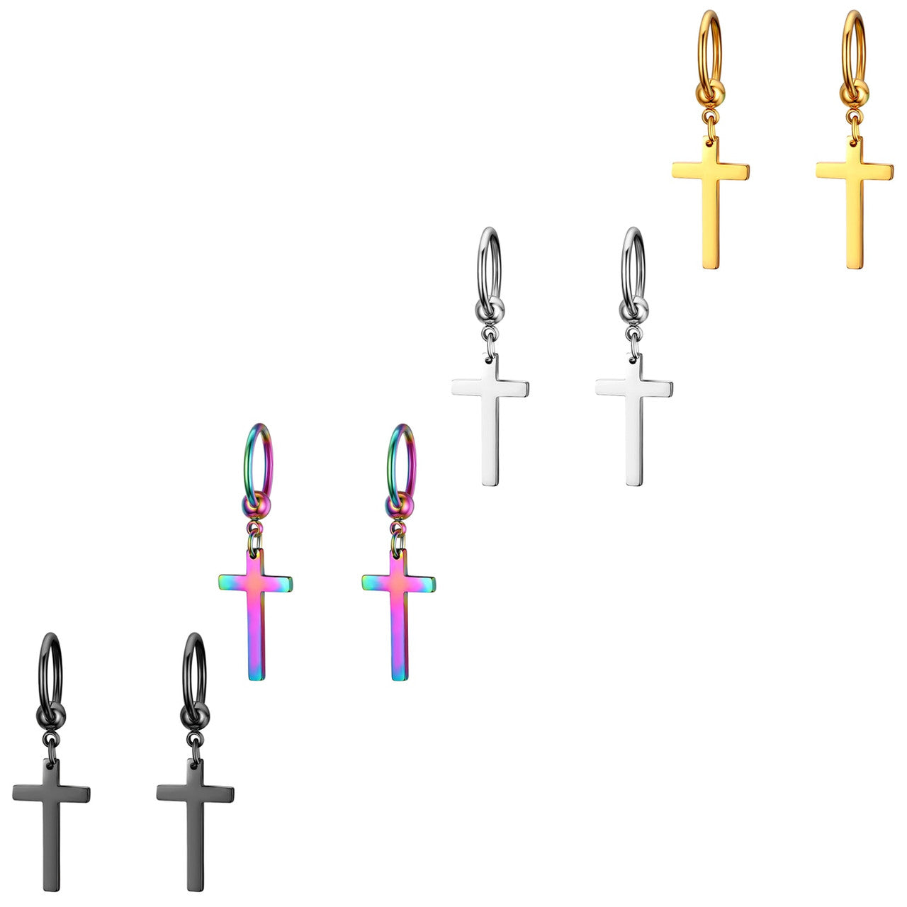 High Fashion Dangle Hoop Cross Gold Black Silver Rainbow Solid 316 Stainless Steel Earrings