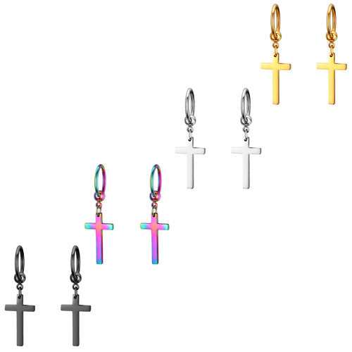 High Fashion Dangle Hoop Cross Gold Black Silver Rainbow Solid 316 Stainless Steel Earrings
