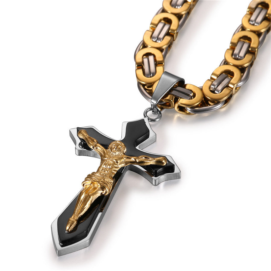 Mens Vintage Jesus Crucifix No Fade Stainless Steel Bling Pendant Chain Necklace