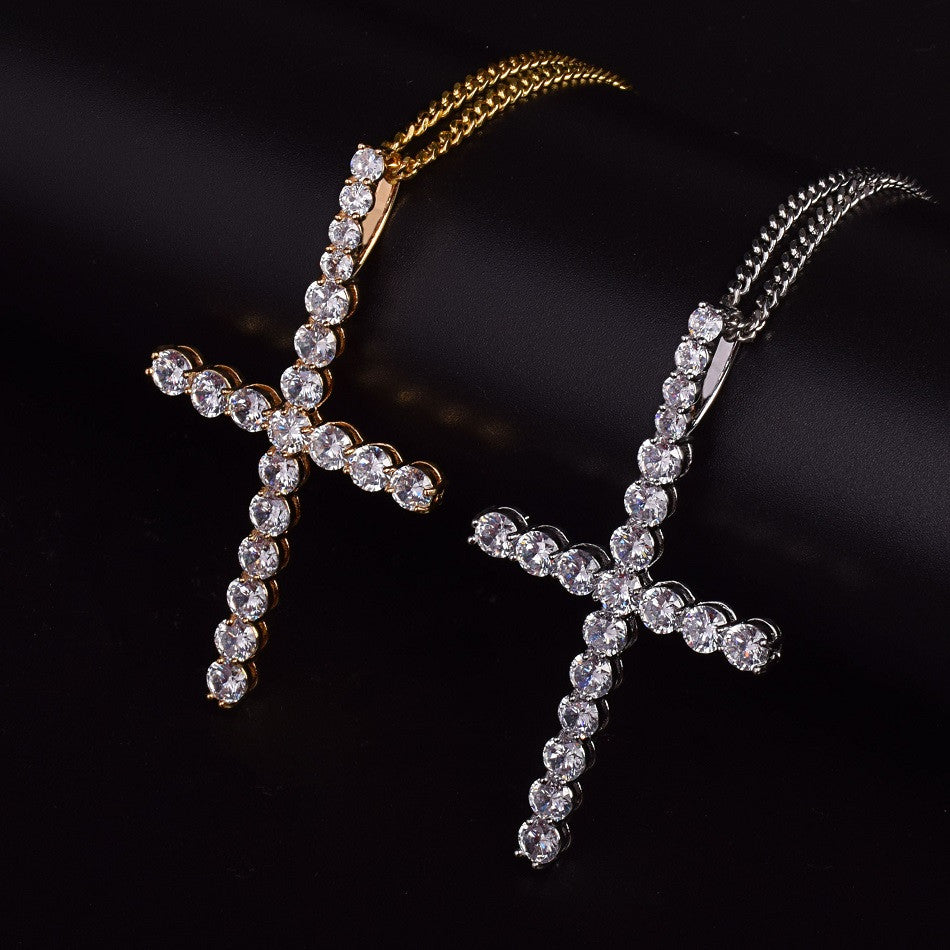  22k Gold .925 Silver AAA Micro Pave Bling Bling All Ice Cross Chain Pendant
