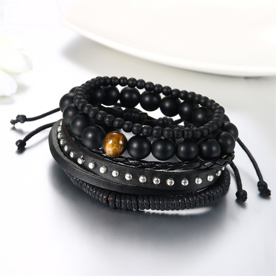 Street Wear Fashion Wooden Beaded Black Brown Leather Bracelets