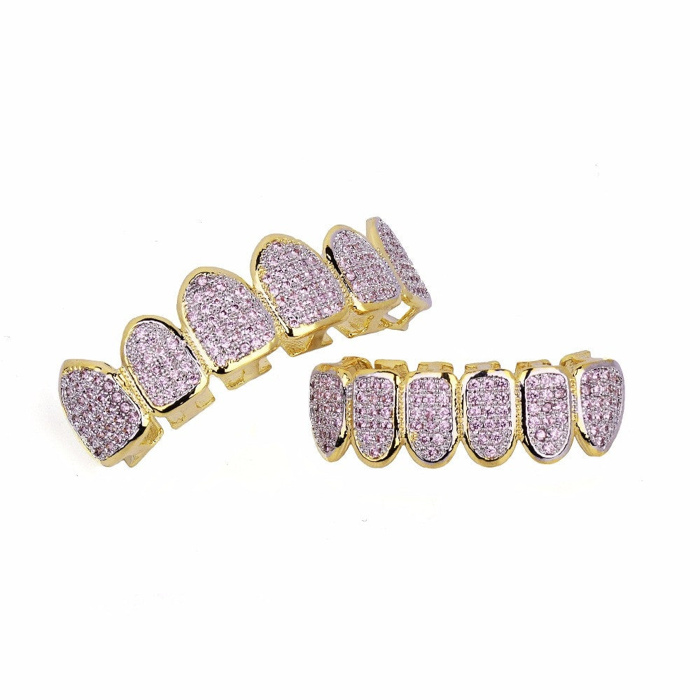 Hip Hop 14k Gold Color Pink Micro Pave Simulate Diamond Blinged Out Teeth Grillz Set