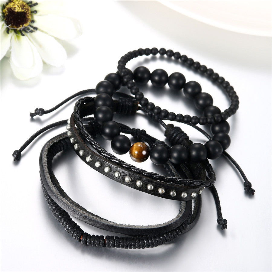 Street Wear Fashion Wooden Beaded Black Brown Leather Bracelets
