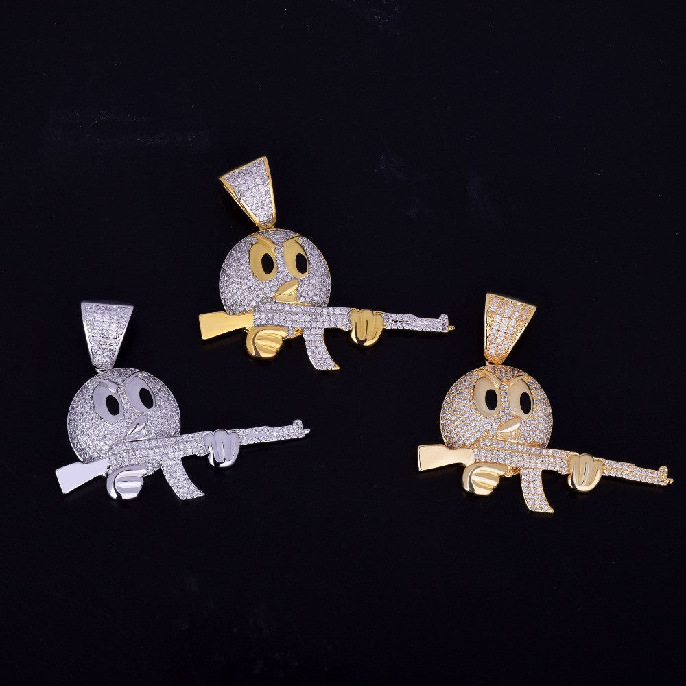 Flooded 1ce 18k Gold .925 Silver Ak47 Emoji Face AAA True Micro Pave Gun Pendant Chain Necklace