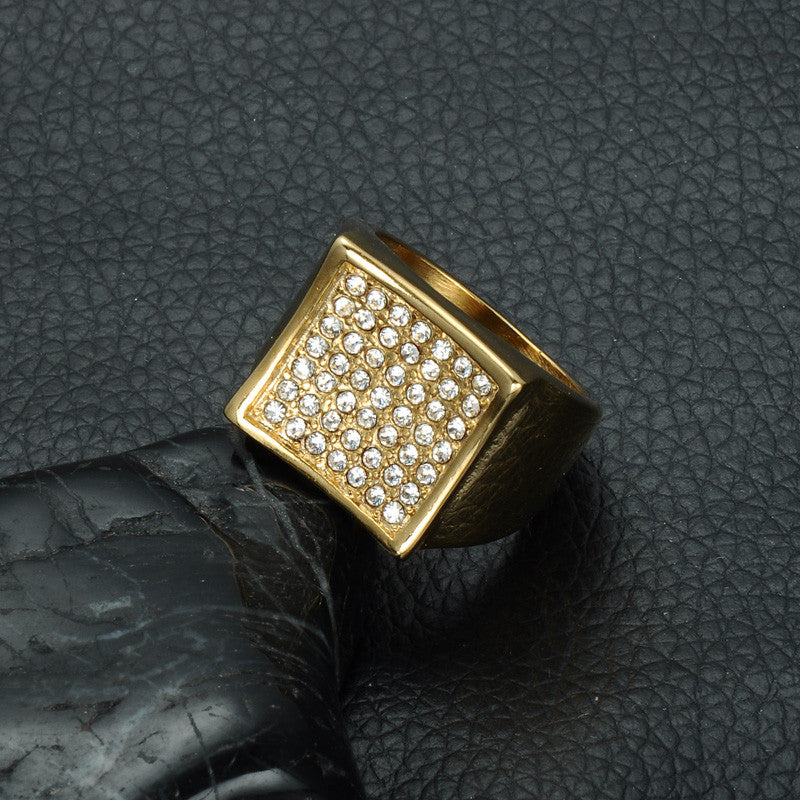 Mens Iced Out Micro Pave Lab Diamond Bling Square 14k Gold Titanium Stainless Steel Ring