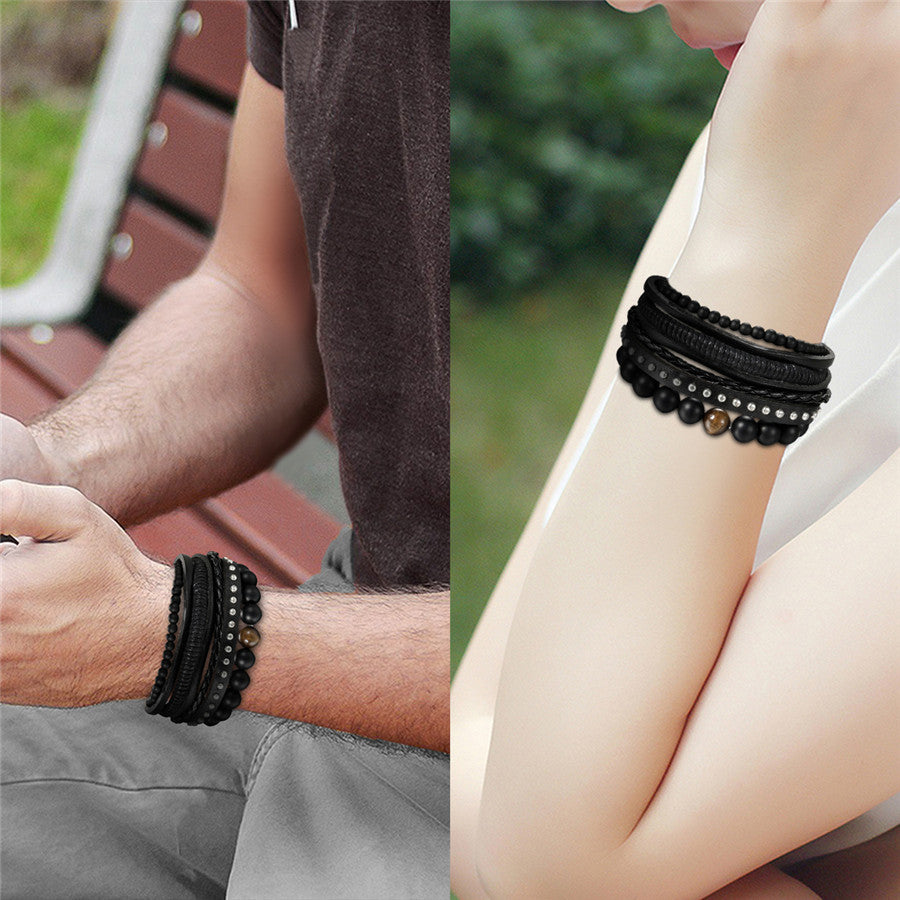 Street Wear Fashion Wooden Beaded Black Brown Leather Bracelets