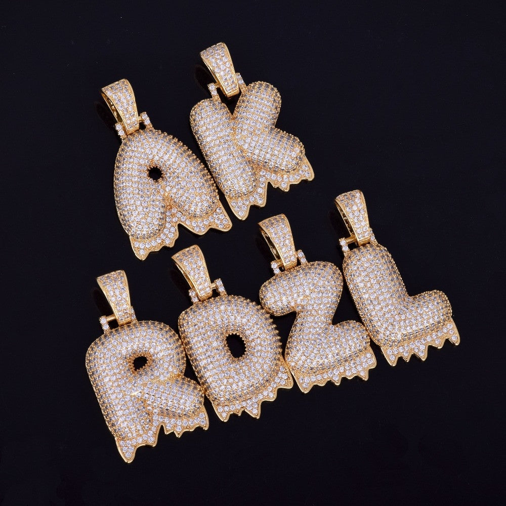 Iced Bling Custom Name White Drip Bubble Letters Initial Chain Pendant Necklace