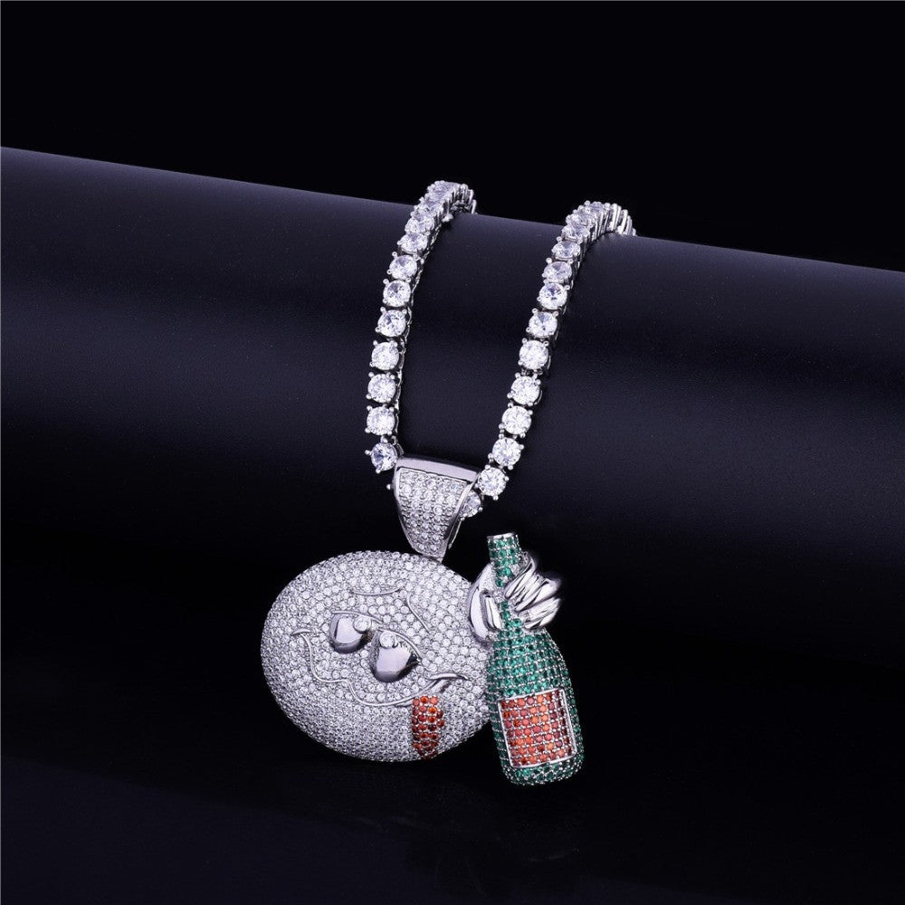 Flooded Ice Micro Pave 18k Gold .925 Silver Drunk Emoji Face Wine Bottle Bling Pendant