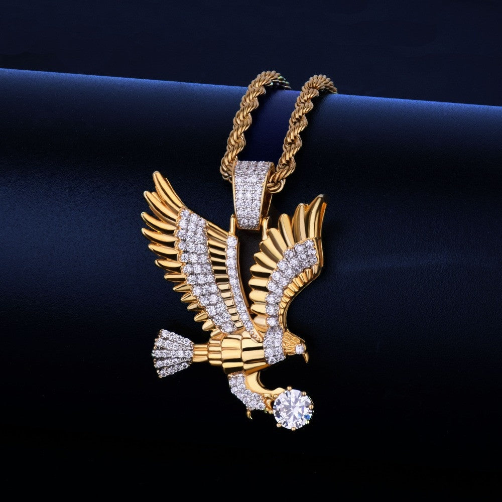 18k Gold AAA True Micro Pave Soaring Eagle Bling Pendant Chain