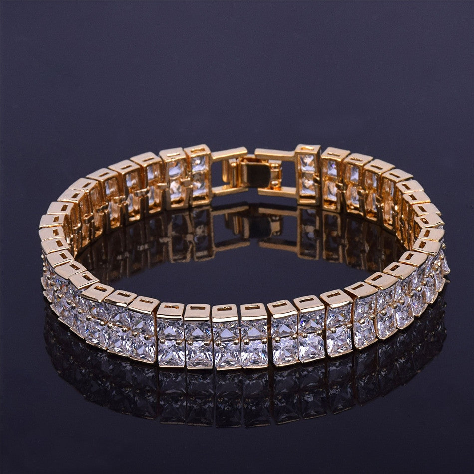 24k Gold Silver 10mm Iced 2 Row Flooded Ice Princess Cut Tennis Bracelet
