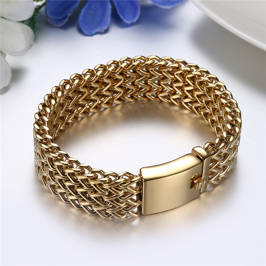 18mm Wide Franco Link Style No Fade 14k Gold Silver Stainless Steel Hip Hop Bracelet