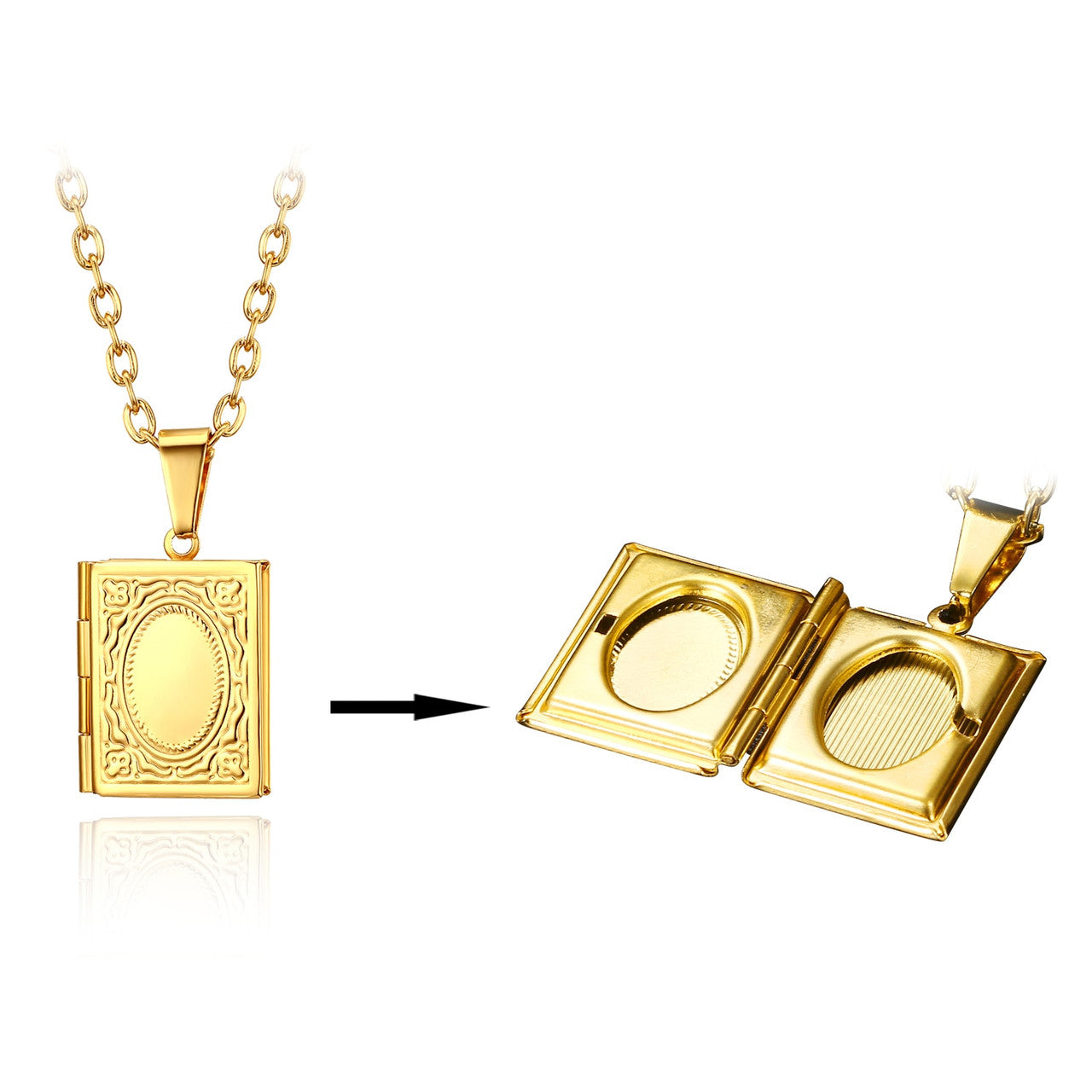Square Open Book Frame No Fade Stainless Steel Photo Holder Casual Pendant Chain Necklace