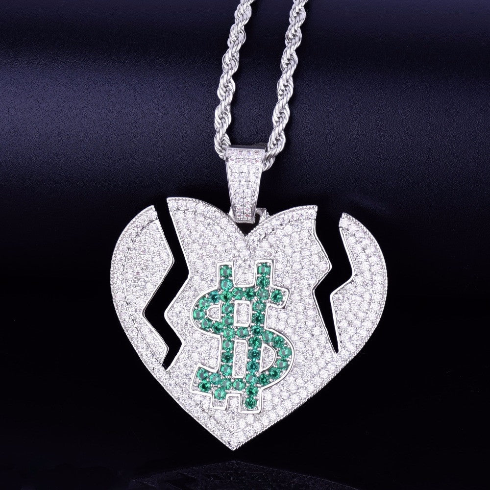 Money Heals Broken Heart 18k Gold .925 Silver Bling AAA True Micro Pave Pendant Chain Necklace