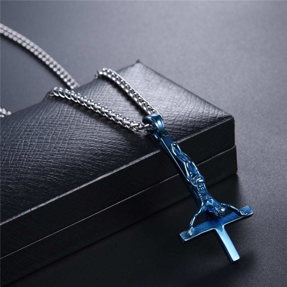Inverted Upside Down Peter Cross Stainless Steel No Fade Bling Pendant Chain Necklace