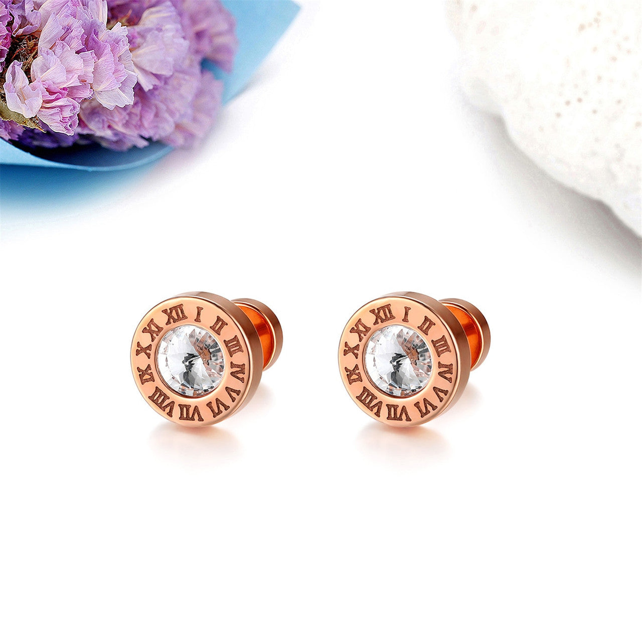 Gold Silver Rose Gold No Tarnish Bling Bling Roman Numeral Screw Back Earrings