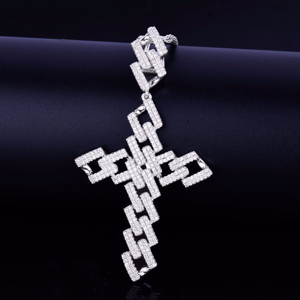 .925 Silver Flooded Ice Cuban Link Cross Chain Necklace