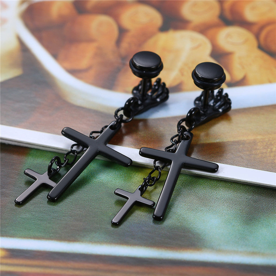 Skull Hand Stainless Steel No Fade Stainless Steel Cross Dangling Screw Back Earrings