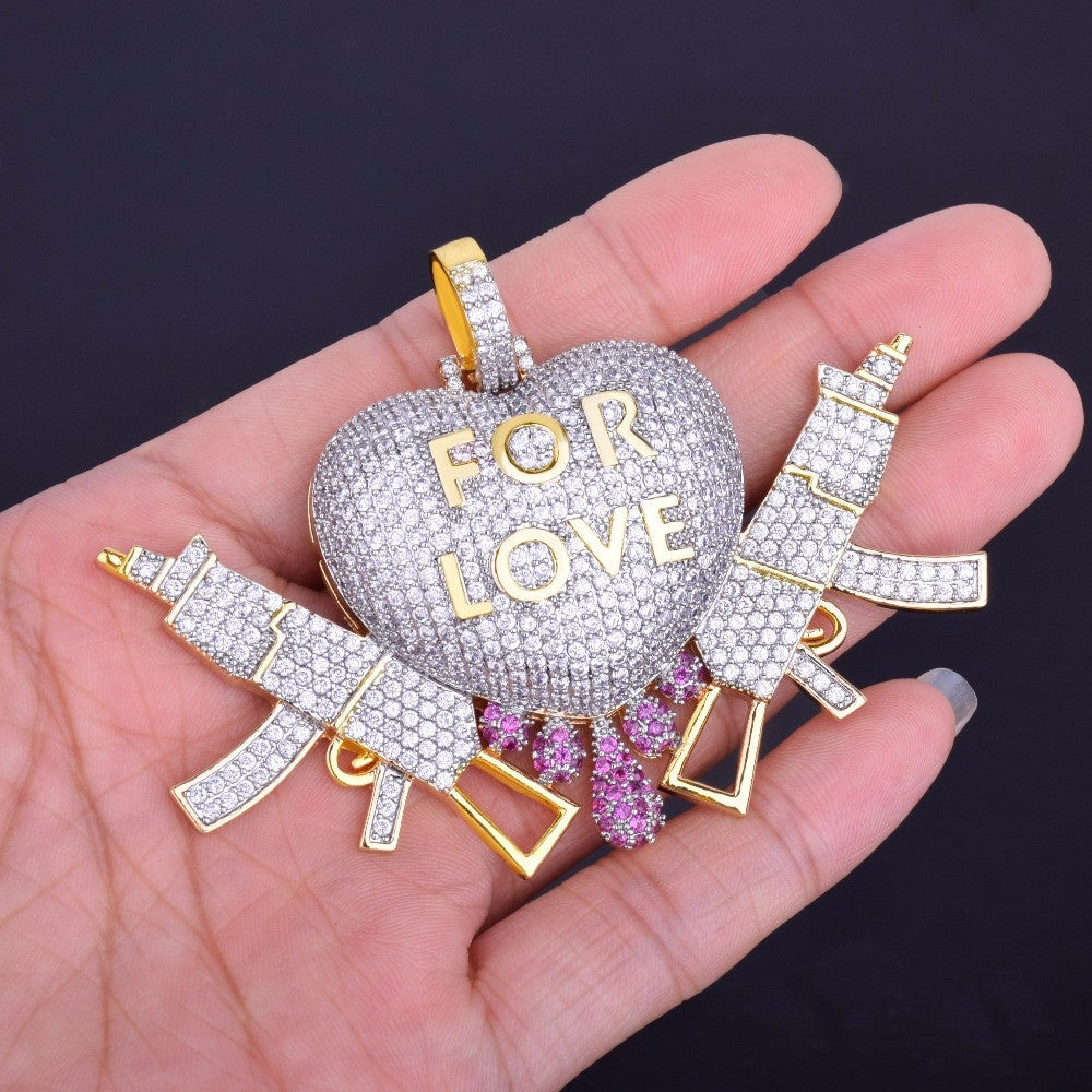 24k Gold .925 Silver Love Worth Dying For AAA Micro Pave Heart Drip Semi Automatic Hip Hop Pendant