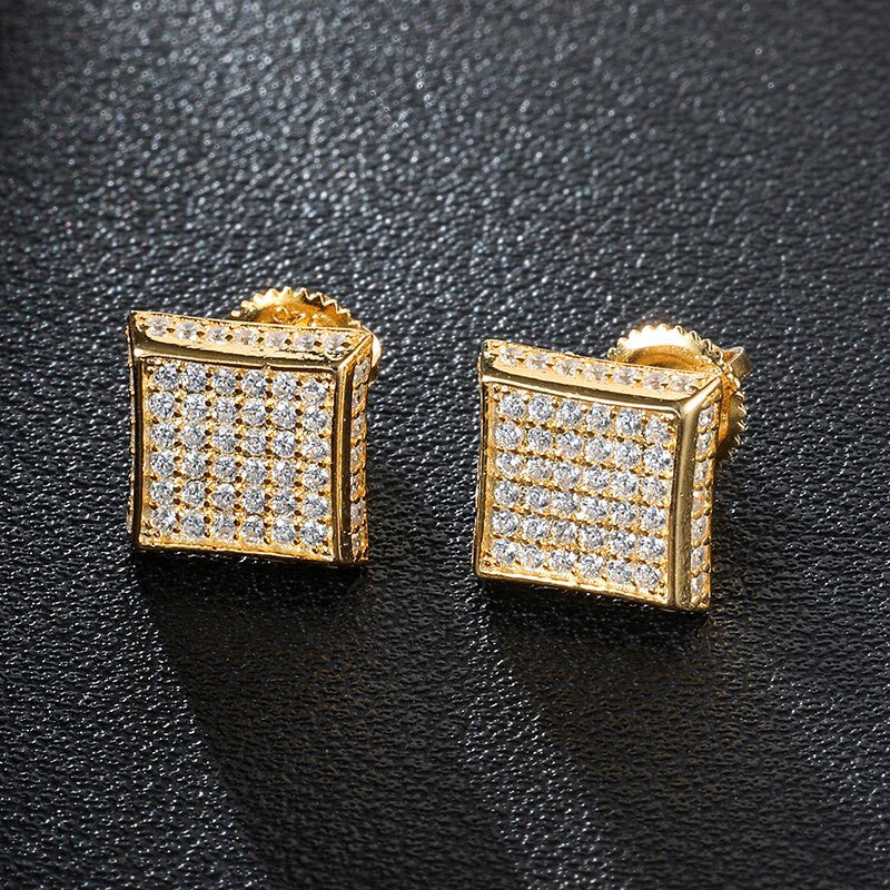 14k Gold 925 Silver Hip Hop Full AAA Micro Paved Squared Corner Bling Earrings