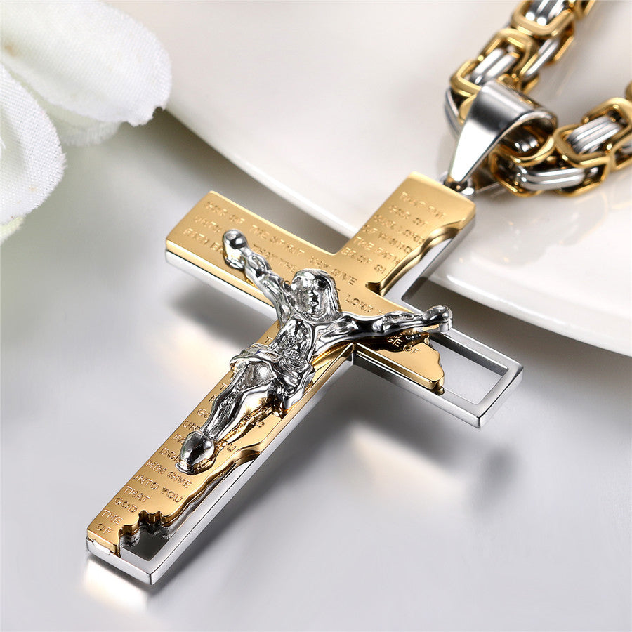 The Lords Prayer Luxury Black Silver Gold over Stainless Steel Jesus Crucifix Cross Pendant Chain Necklace