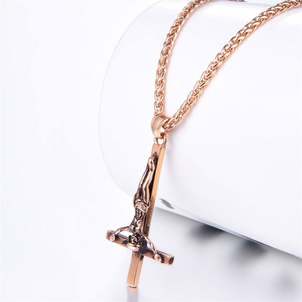 Inverted Upside Down Peter Cross Stainless Steel No Fade Bling Pendant Chain Necklace