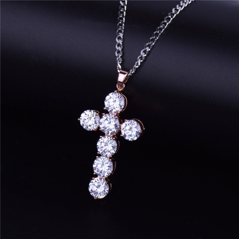 Luxe Stone |  24k .925 Silver Rose Gold Handset 5A Ice Stone Cross Pendant