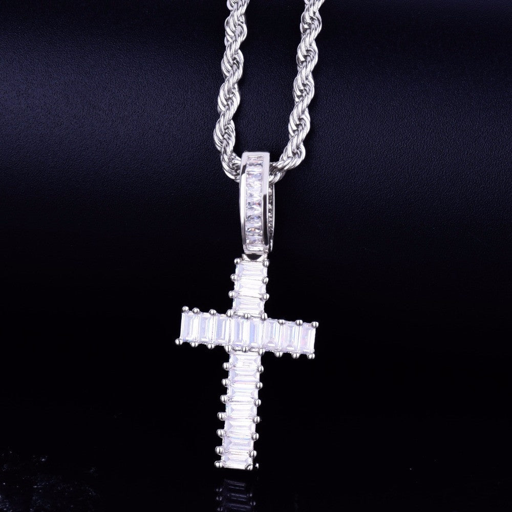 .925 Silver Iced Out Mini Baguette Hip Hop Cross Chain Necklace