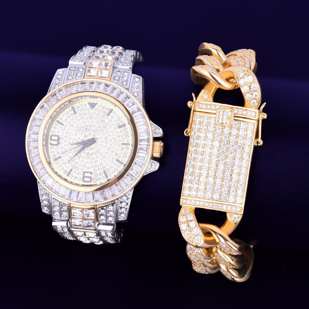 Flooded Ice Luxury Baguette Two Tone Stainless Steel Bling Watch Cuban Link Bracelet Set