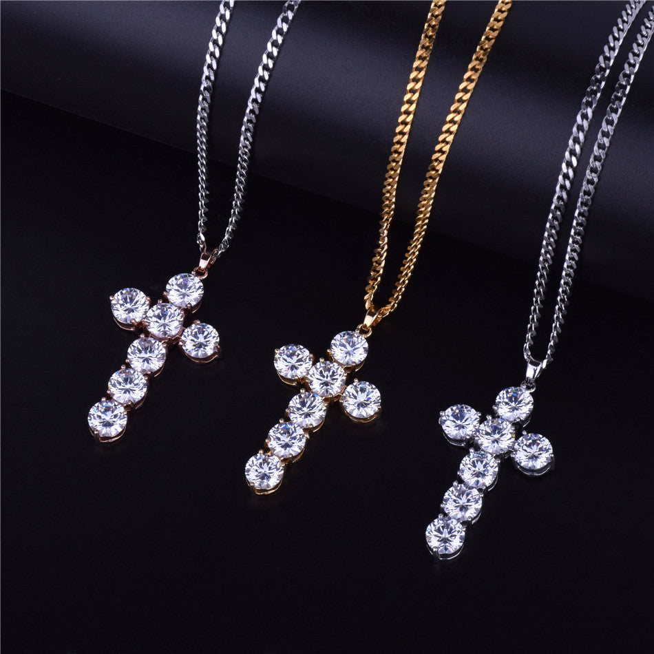 24k .925 Silver Rose Gold Handset AAA Ice Stone Cross Pendant Chain Necklace