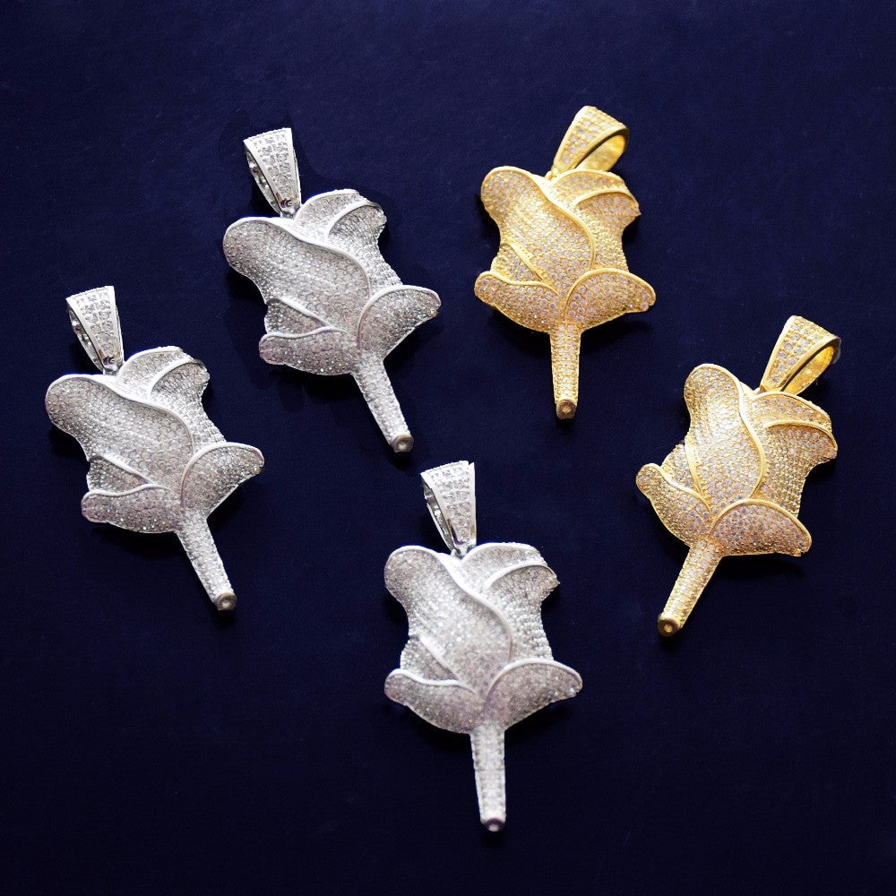 AAA True Micro Pave 18K Gold .925 Silver Rose Flower Petal Flooded Ice Pendant Chain Necklace