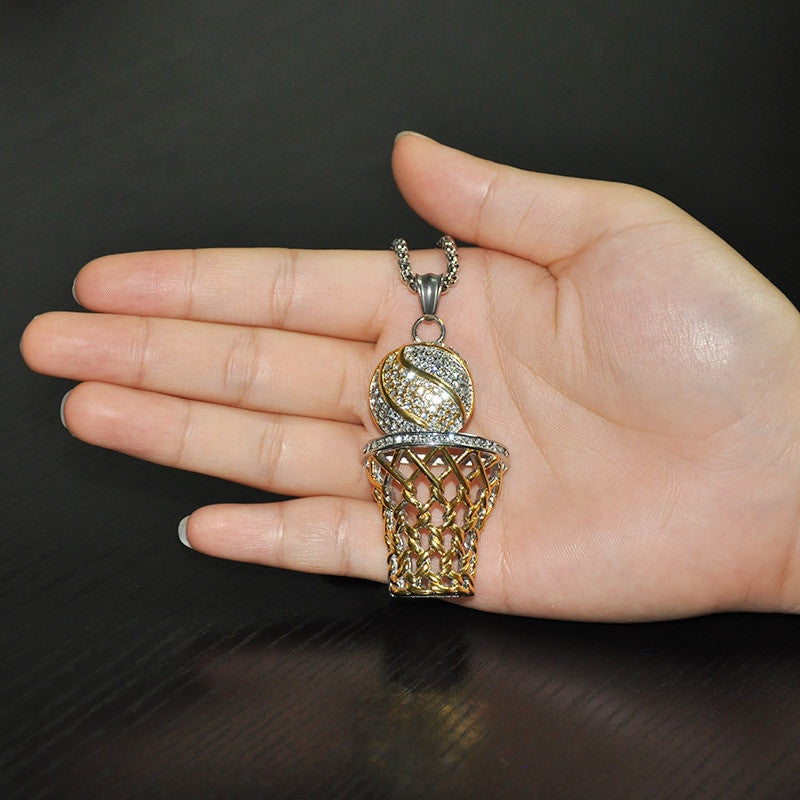 Hip Hop 18k Gold Full Simulated Diamond 316L Stainless Steel Basketball Chain Pendant