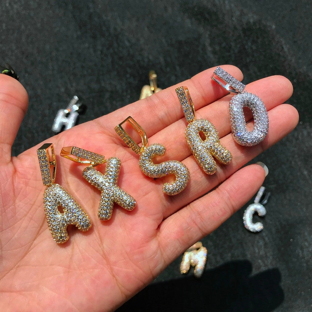 Iced Small Rose Gold Silver Micro Pave Lab Diamond Bubble Letter Hip Hop Pendant Chain Necklaces
