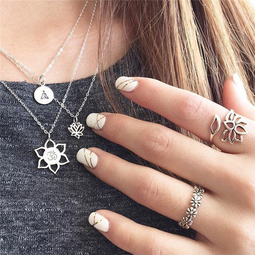 3 Piece Set Boho Buddha Lotus Yoga OM Symbol Fashion Necklace Silver Set