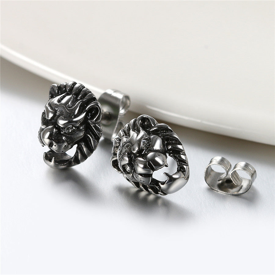 Mens Alpha Man Vintage Wild Animal Lion No Fade Stainless Steel Stud Earrings