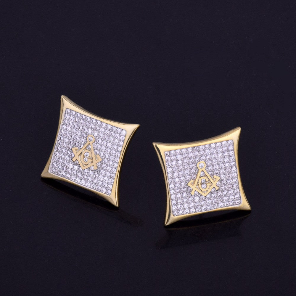 FreeMason | Flooded Ice Square Masonic 18k Gold 925 Silver Hip Hop Earrings