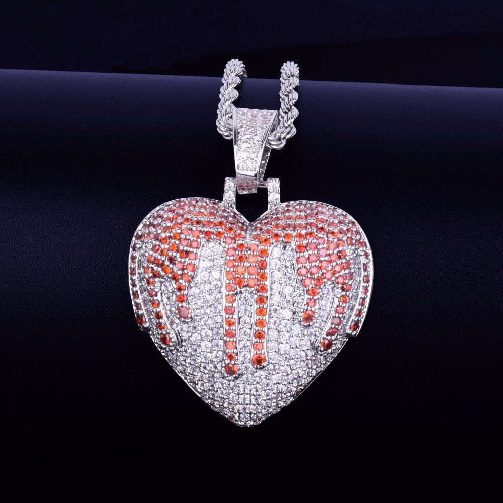 18k Rose Gold .925 Silver Blood Overflowing Heart AAA Micro Pave Hip Hop Pendant Chain Necklace