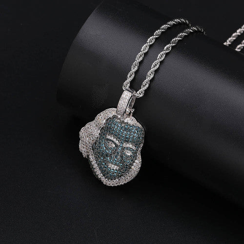 Hip Hop Blue Face Platinum Benjamin Franklin Pendant Chain Necklace