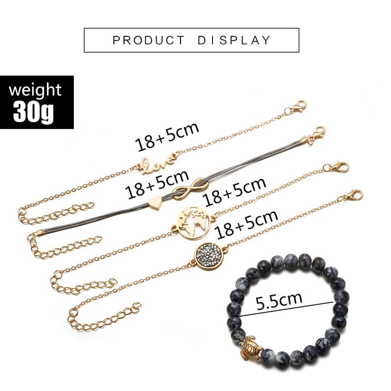 Ladies Boho Infinite Heart World Map Traveler Beaded Turtle 5 Piece Bracelet Set
