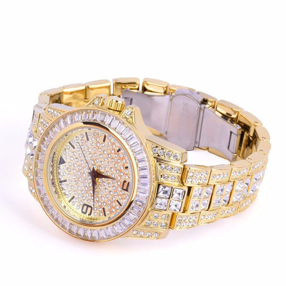 Luxury Baguette 14k Gold Stainless Steel Bling Watch Cuban Link Bracelet Set