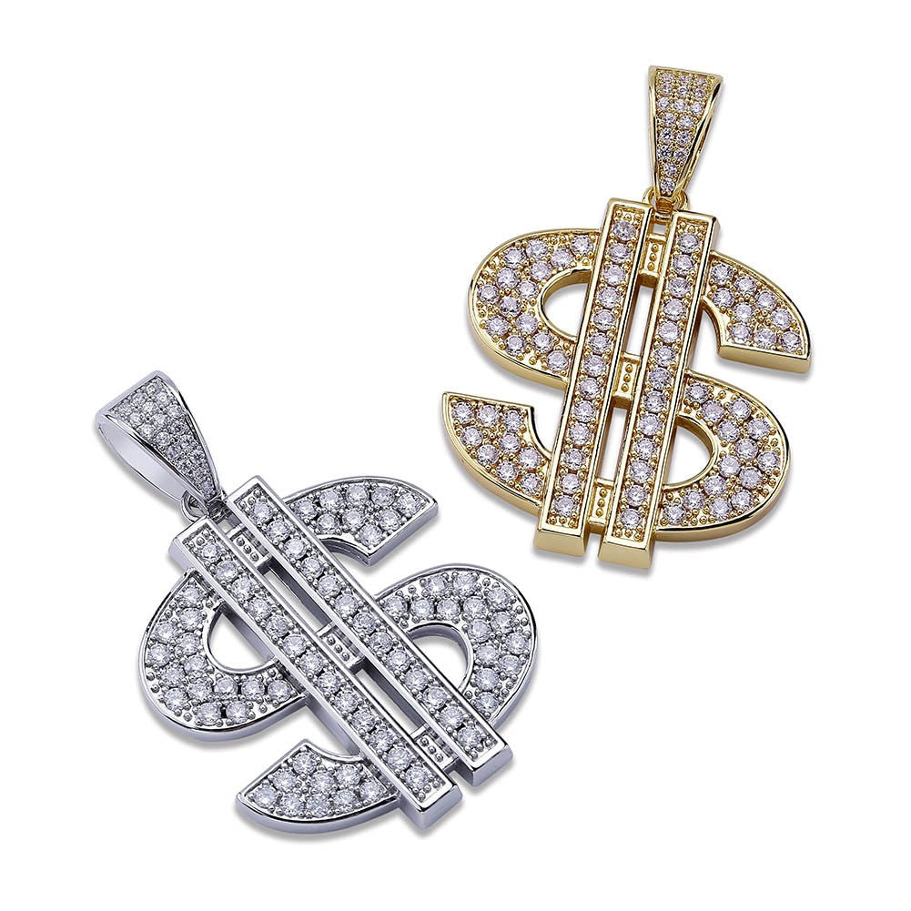 Flooded Ice Solid Dollar Sign 14k Gold 925 Silver Hip Hop Pendant