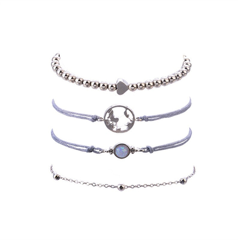 Ladies 4 Piece World Traveler Heart Bead Silver Layered Bracelet Set