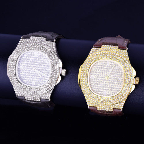 Mens Lab Diamond Luxury Iced Faced 925 Silver 14k Gold Stainless Steel Bling Leather Watch